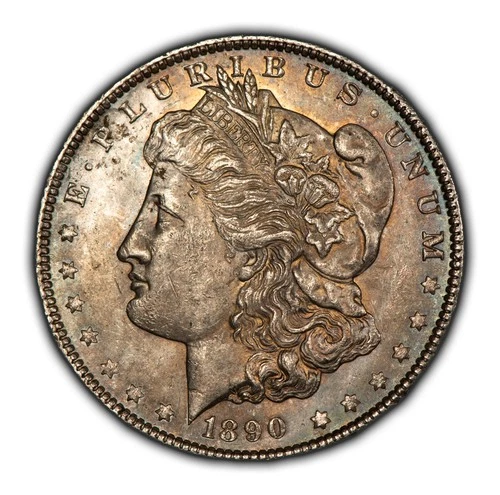 1890 $1 Morgan Dollar - Intricate Rainbow Accent Toning BU Semi Key Date - D4640