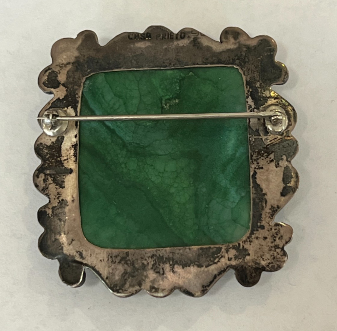 Vintage Casa Prieto Sterling Silver and Malachite Tribal Face Brooch View 5