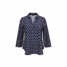 Adrienne Vittadini Womens Navy White Chain Link Print Button Up Tunic Top L