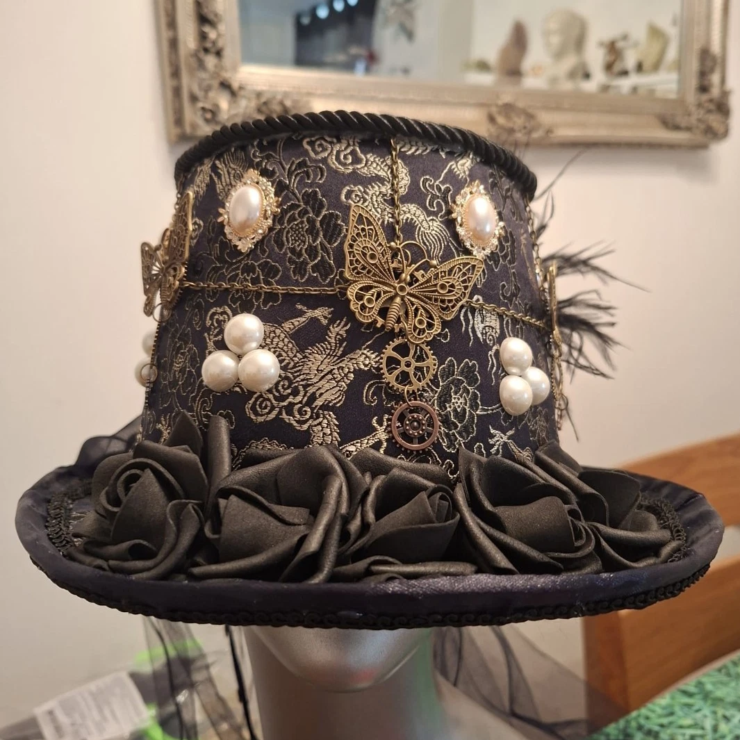 100% Wool Steampunk Top Hat Silver Lace Sequin Gothic Victorian Decorative Steampunk Top Hat, NOT TO WEAR, Halloween Top Hat  main image 4