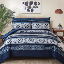 King Size Comforter Set Navy Blue, 7 Pieces Boho Bed in a Bag Aztec Western Bedd