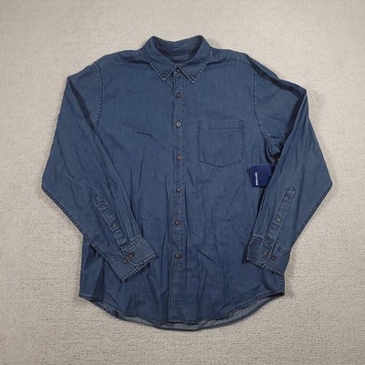 Basic Editions Shirt Mens Large Blue Chambray Cotton Button Workwear