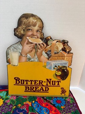 Vintage 1940's Butter-Nut Bread Lithograph Printed Die Cut Advertising Sign GC