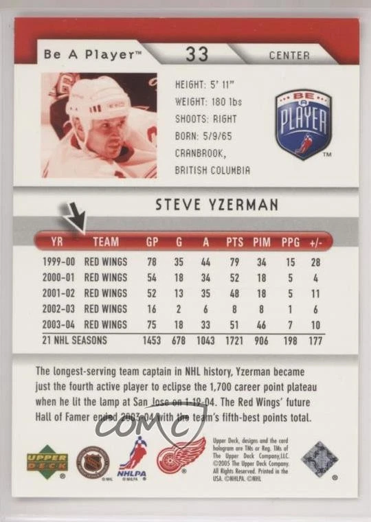 2005-06 Upper Deck Be a Player Steve Yzerman #33 HOF - Image 2 of 2