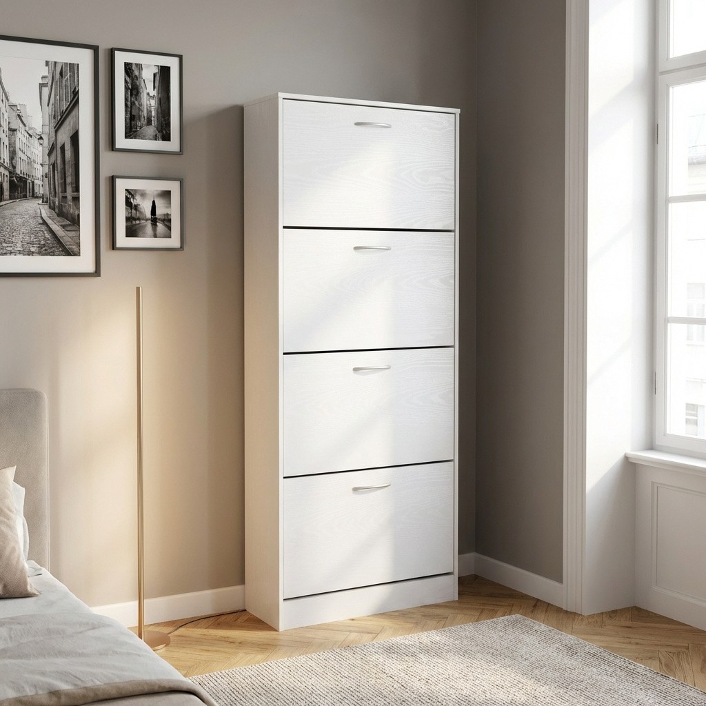 Scarpiera Salvaspazio Slim 4 Ante Legno 60x24x150 cm Bianco Vittoriano DecHome