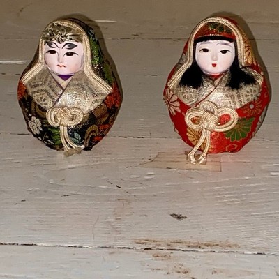 VTG 3'' Japanese Dolls Daruma Hime Ningyo Pair Empress Jingu Handpainted Wedding