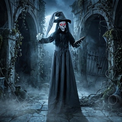 71''/180cm lebensgroße animierte Hexe Halloween Deko mit leuchtenden Augen