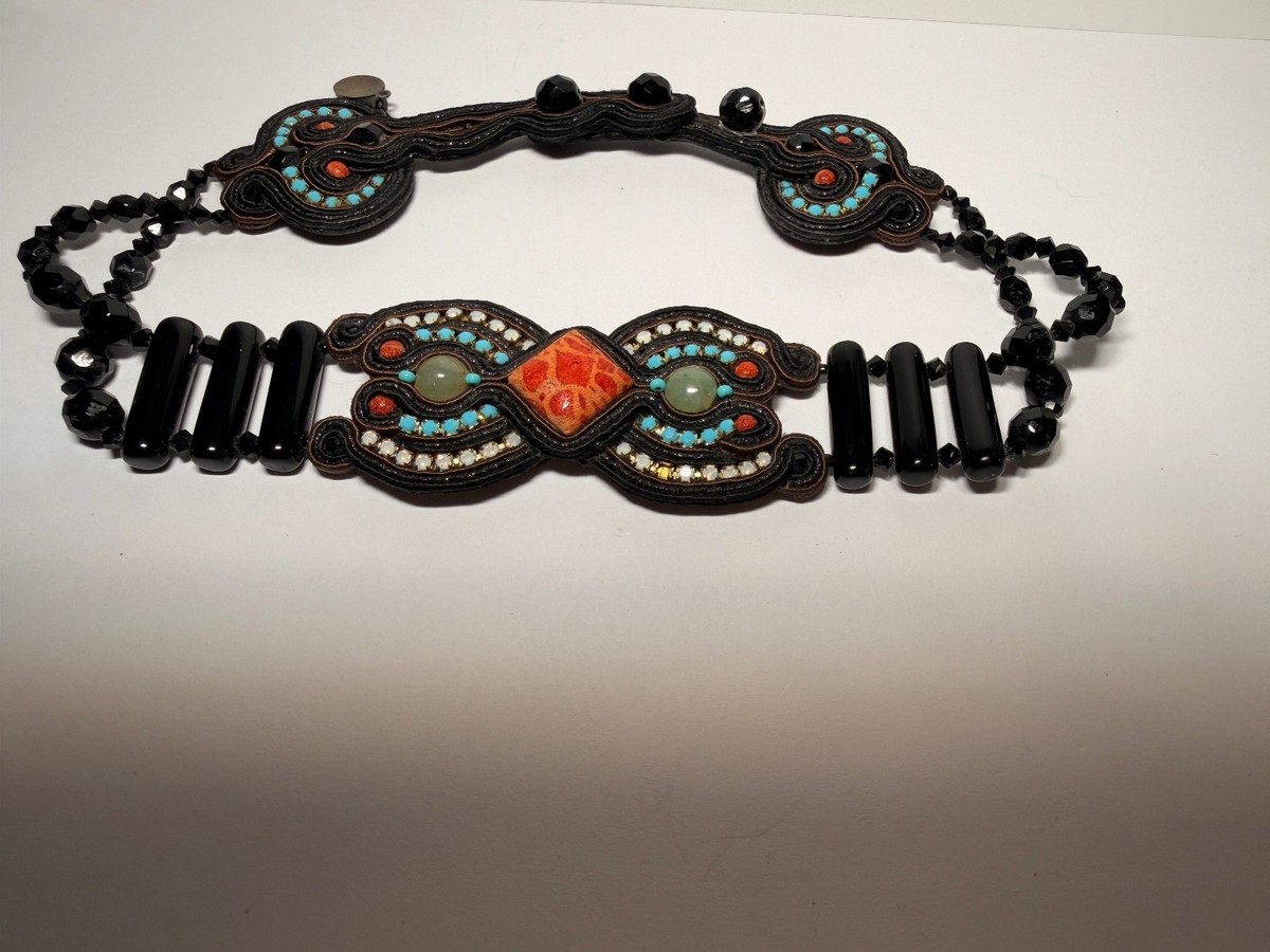 Dori Csengeri Beaded Embroidered Decorative Belt with Black and Turquoise Accr