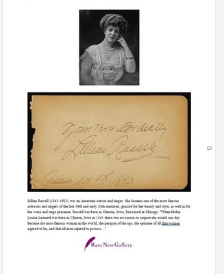Lillian Russell Autograph for Martha Ford 1890 - Provenance John T. Ford Family