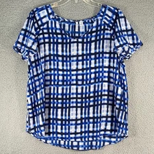 Elle Women's Blue White Lightweight Top Short Sleeve Stretch Size Medium