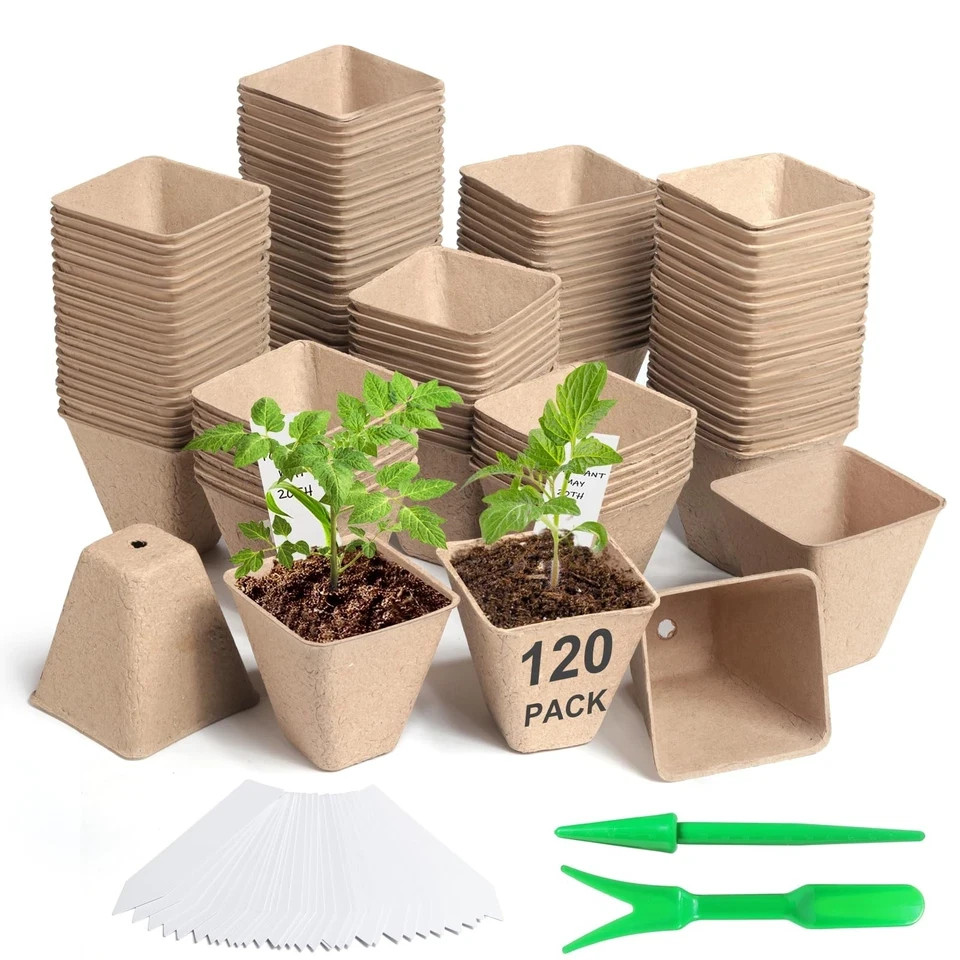 120 Pack 3.15 Inch Square Peat Pots for Seedlings, Seed Starting Pots with Dr...