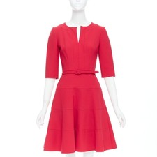 OSCAR DE LA RENTA R17 red wool blend slit neck pleated belted dress US0 XS