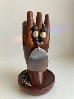 Boho Agate, Lava, and Geode Black Silver Necklace 11'' drop