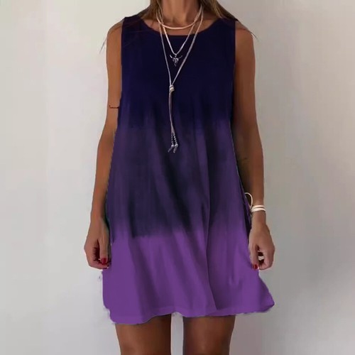 Women Summer Loose Sleeveless Gradient Print Dress Casual O Neck Beach Sundress - Picture 7 of 15