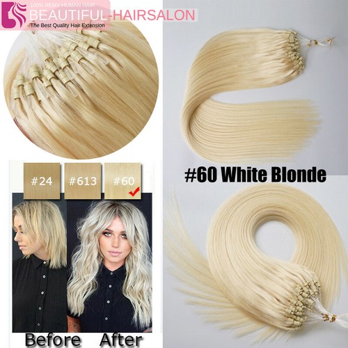 1G 8A 22" Micro Loop Bead Ring Real Remy Human Hair Extensions WHITE BLONDE #60 - Picture 6 of 10