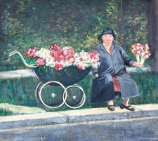 Framed Oil Painting on Canvas of a Woman with a Flower Cart – 19”x17”