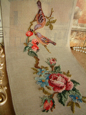 Beautiful Vivid Colorful Roses Cute Birds Handmade Preworked Needlepoint Canvas
