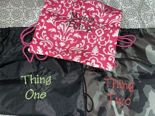 Thirty One Cinch Sac Set 3 Draw String Backpack Style Embroidered Mama Thing 1 2