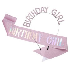 Birthday Girl Tiara and Sash Crown Headband Pink 