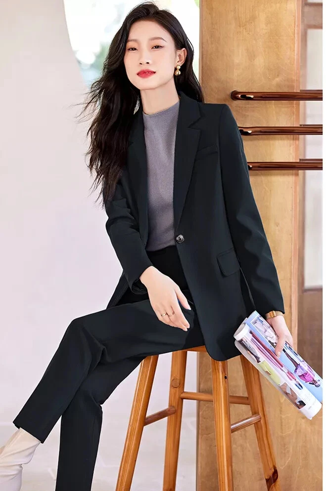 Costume Ensemble Tenue Set Femme Bureau Veste Blazer Bleu Marine Slim 38798