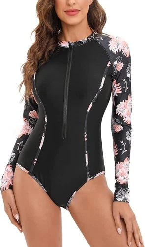 Ruuione Women's Rash Guard Front Zip Swimsuit, Costume Long Sleeve (1bfPink)