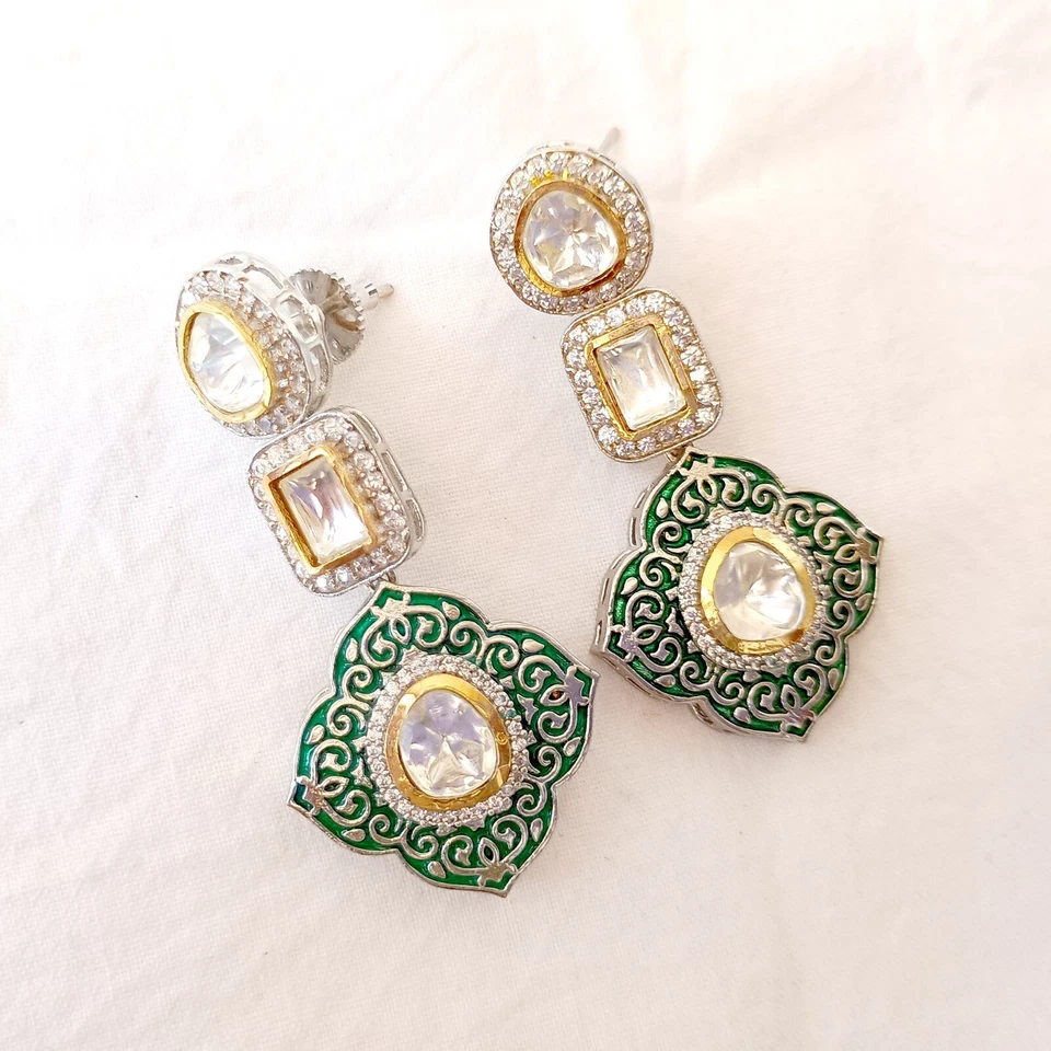 Pendiente Gota Boho Kundan Polki Chapado en Oro Verde Hecho a Mano Joyería de Boda India Foto 4 de 4