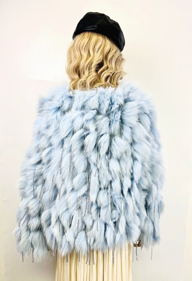 Nueva chaqueta para mujer azul genuina de piel de nube de zorro con lentejuelas busto de EE. UU. OS 47"" Foto 4 de 4