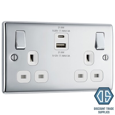 BG NPC22UAC22W Doppelsteckdose Chrom poliert mit USB 22W Typ A & Typ C USB