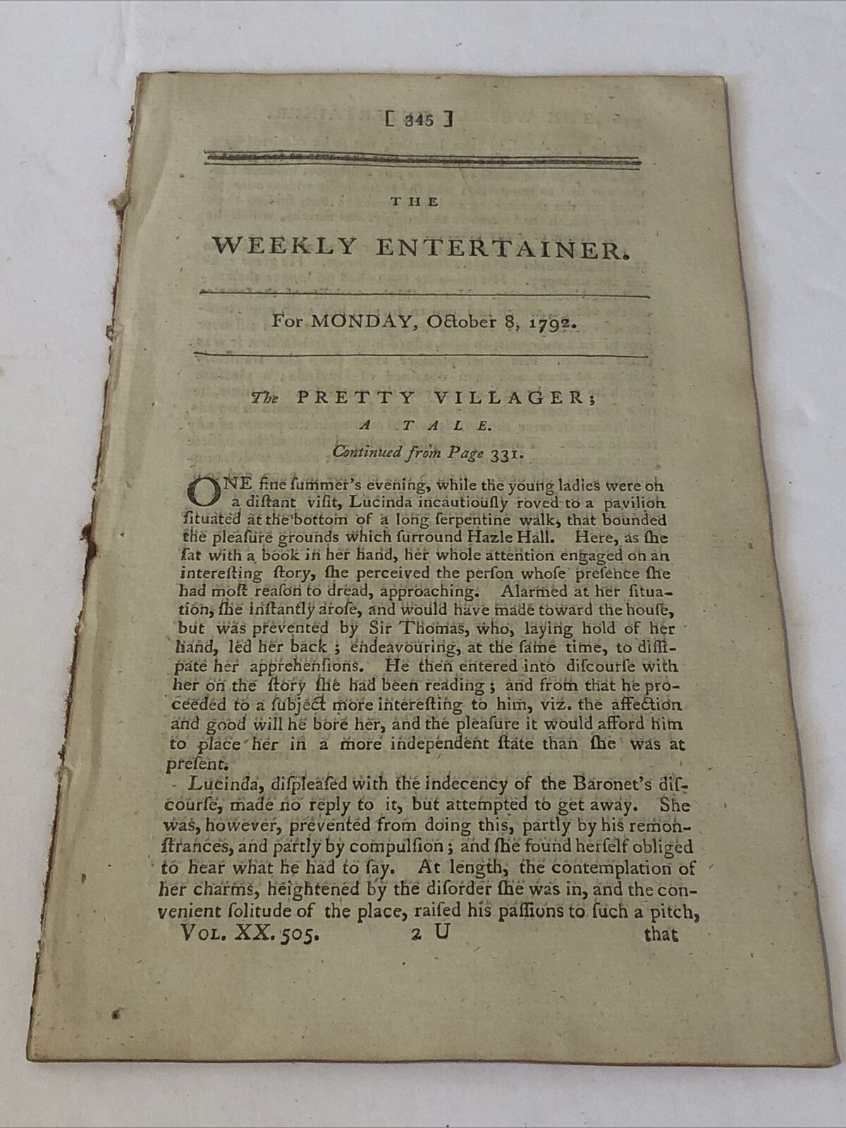 The Weekly Entertainer For October 8, 1792. The Pretty Villager Tale Kwaliteitsborging, Nieuw