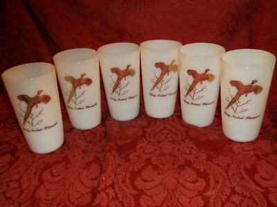 SET OF 6 Vtg Federal Milk Glass Game Bird Tumbler Ring Necked Pheasant..NICE!