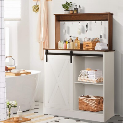 MAGIC UNION Farmhouse Coffee Bar Cabinet With 6 Hooks, Sliding Barn Door & Adjustable Shelves – 50" White