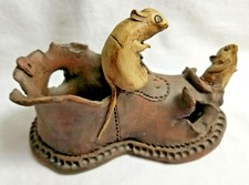 Artist Pottery Mouse Mice Rat on Old Shoe Figurine Statue Brown 4" Tall