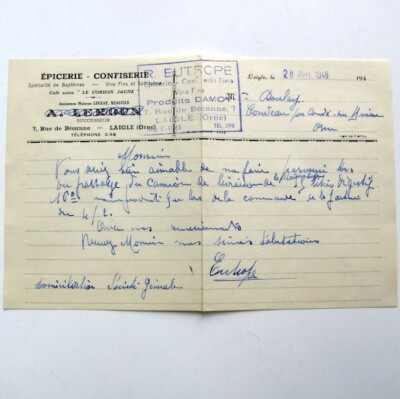 Brief Umschlag 1948 Eutrope Leroux L'Aigle Lebensmittelgeschäft Confiserie Damoy Laigle