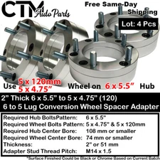 4x 2" 6x5.5(6x139.7) to 5x4.75(5x120) Conversion Wheel Adapter Spacer Fit Chevy
