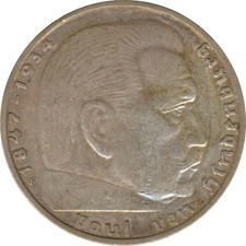 Drittes Reich 2 Mark 1937 F Paul von Hindenburg Silber*