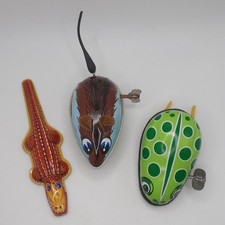 Toy Tin Windup Mouse, MTU Frog and Clicking Alligator Vintage WORKING