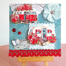 Carte postale 3D avec caravane et van, carte postale anniversaire fait main.