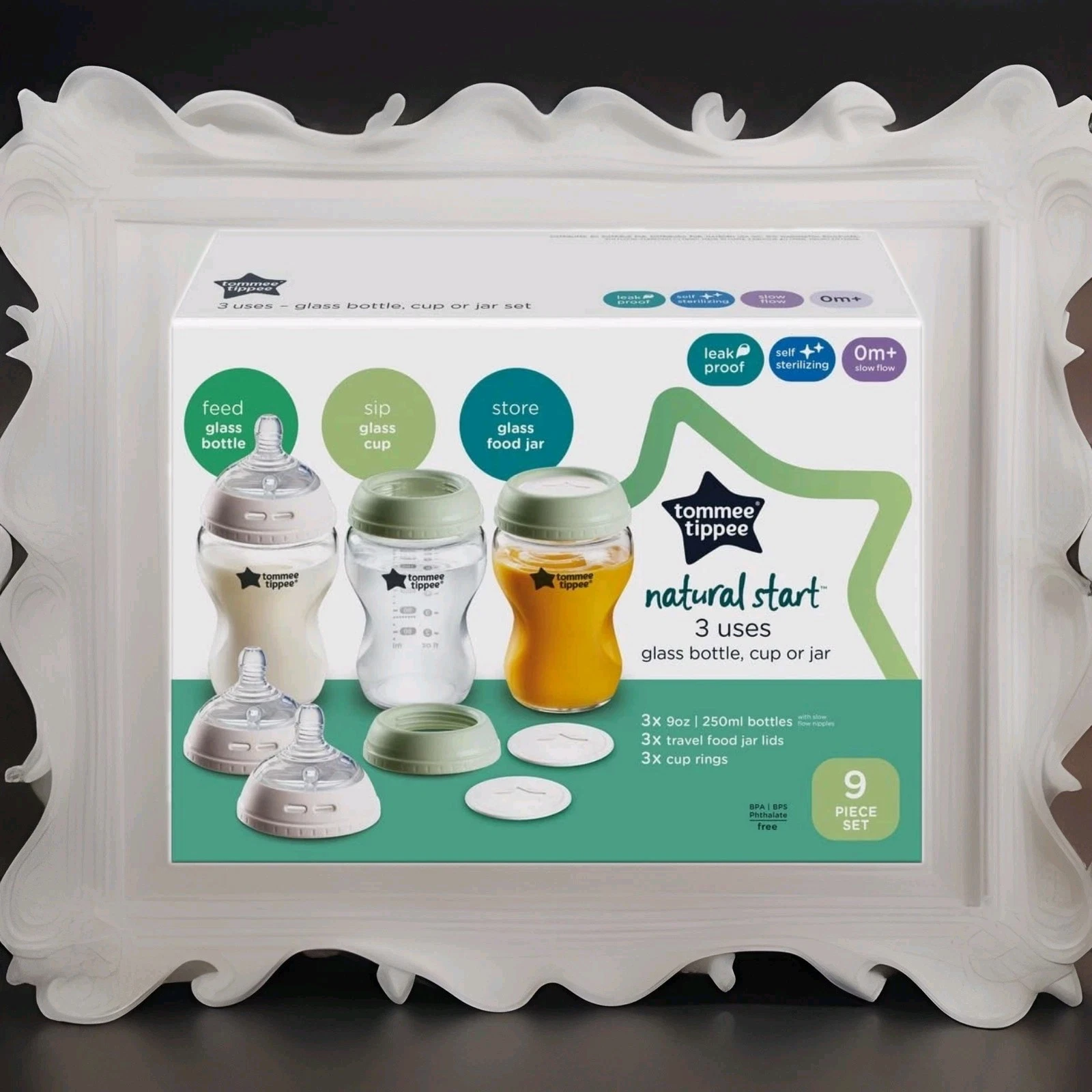 Tommee Tippee Natural Start 9 oz Glass Baby Bottles, Self Sterilizing - 9 pc set