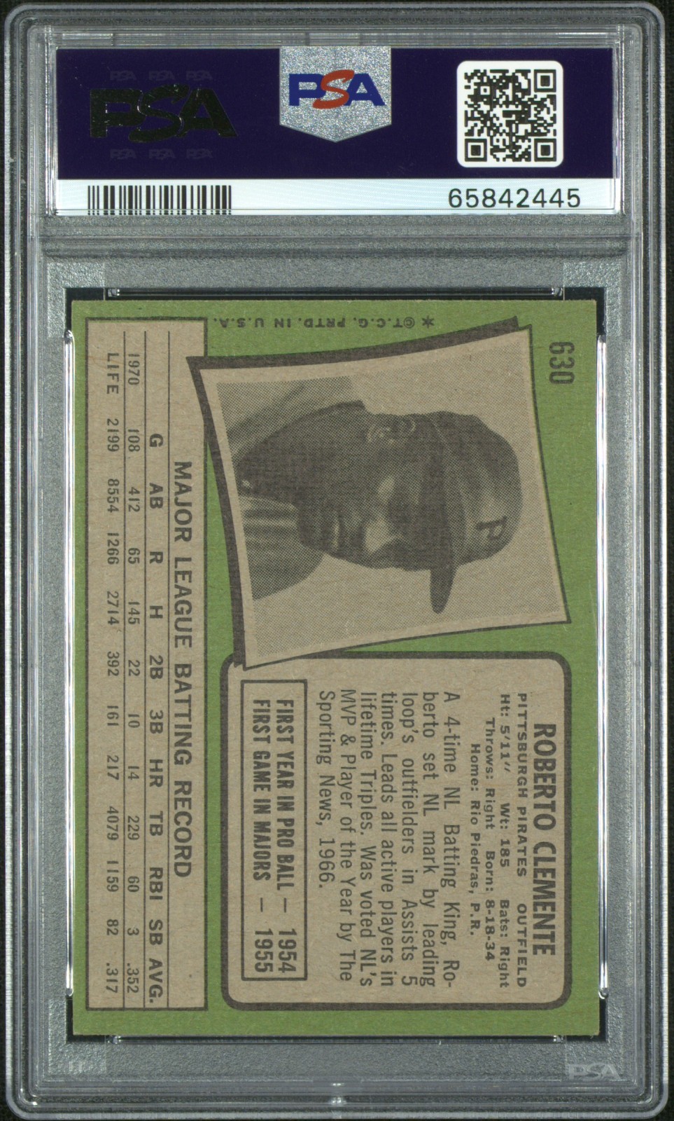 1971 Topps ROBERTO CLEMENTE #630 PSA 6 EX-MT, very sharp! HOF view 2