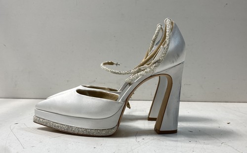 Badgley Mischka White Satin Pearl Embellished Platform Heels Size 9.5