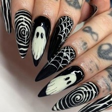 Halloween Horror Ghost Press on Nails Long Pointed Fake Nails Halloween 11