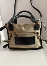 Chloé Canvas Leather Mini Satchel Crossbody Bag Black Beige Gold Hardware