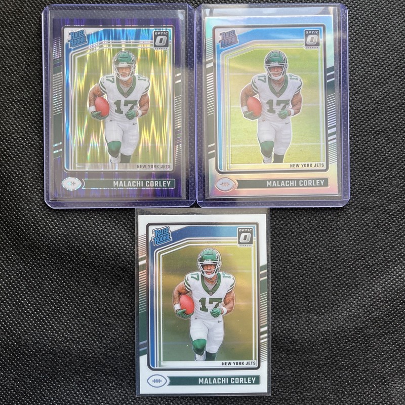 Malachi Corley Purple Shock & Silver Rated Rookie 2024 Panini Optic NY Jets
