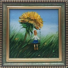 Thumbelina Original oil painting Naive art Signed Miniature Framed Size 4*4 inc.