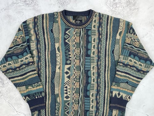 J. Ferrar Green Coogi Style Textured 3D Knit Jumper Size Large L 23” PTP - Picture 2 of 18