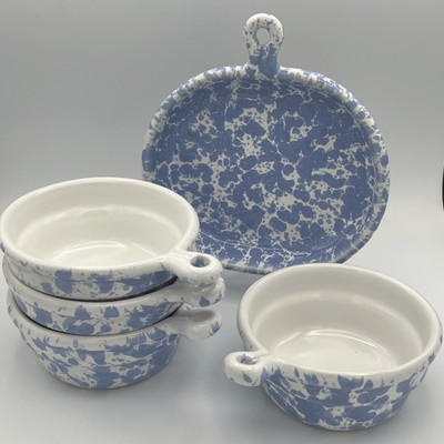 BENNINGTON POTTERS 4-Onion Soup Bowls + 1 Brie Serving Plate MORNING GLORY BLUE