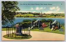 Rock Island Arsenal Illinois~Sun Dial~Cannons~River~Smokestack~Linen 1940s PC
