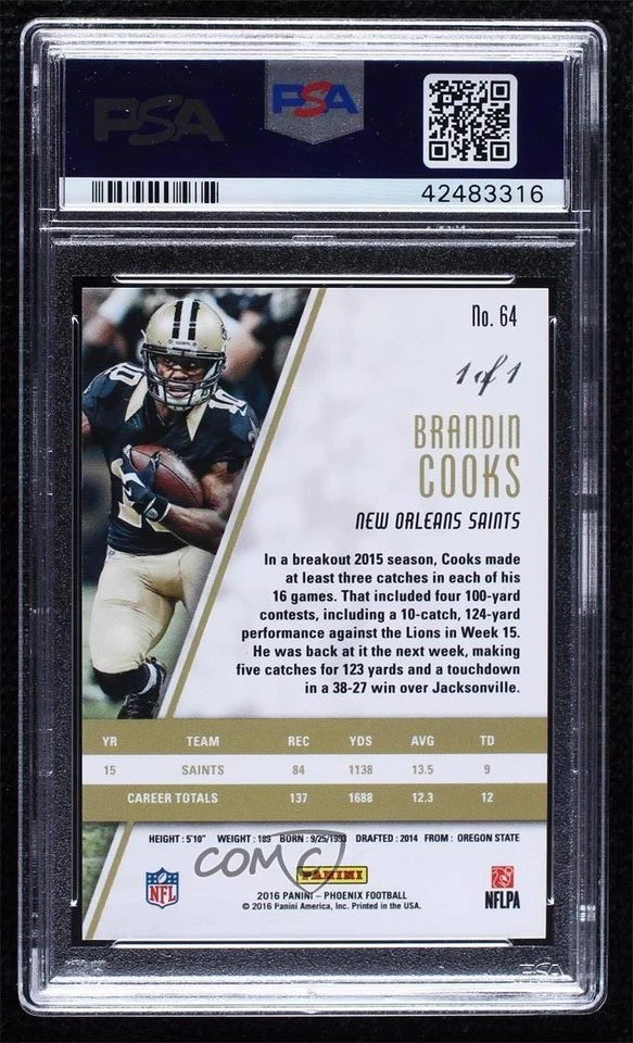 2016 Panini Phoenix Blue 1/1 Brandin Cooks #64 PSA 10 GEM MT tj0 - Image 2 of 3