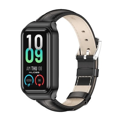 MIJOBS Strap for Amazfit Band 7 Genuine Leather 8 inches, 2-Black+Black 