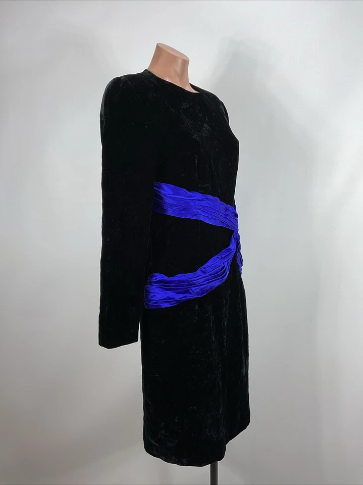 Vestido Lápiz AJ Bari Vintage Negro Terciopelo Púrpura Cruzado Manga Larga Noche Foto 4 de 4